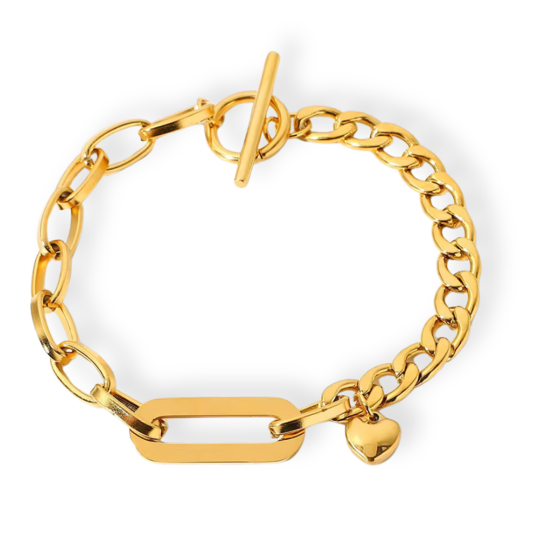 Gold chunky chain bracelet with rectangular and heart-shaped charm, toggle clasp