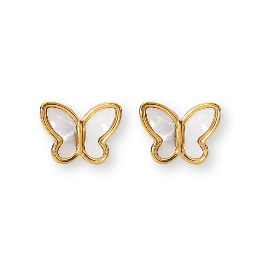 18K Gold Butterfly Earrings with White Shell Inlay – Hypoallergenic and Elegant Design