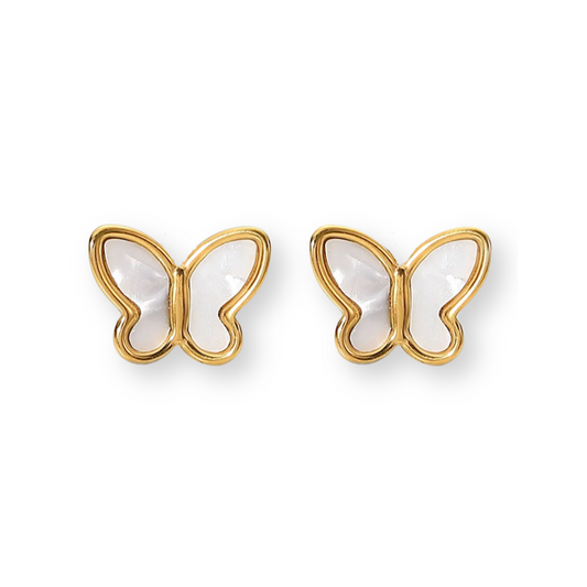 18K Gold Butterfly Earrings with White Shell Inlay – Hypoallergenic and Elegant Design