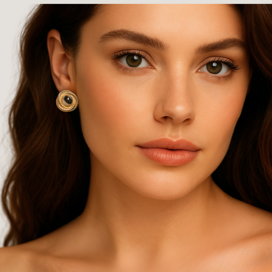 Model wearing Equinox earrings featuring a twisted gold rope border and reflective silver-toned centre, styled with minimal makeup.