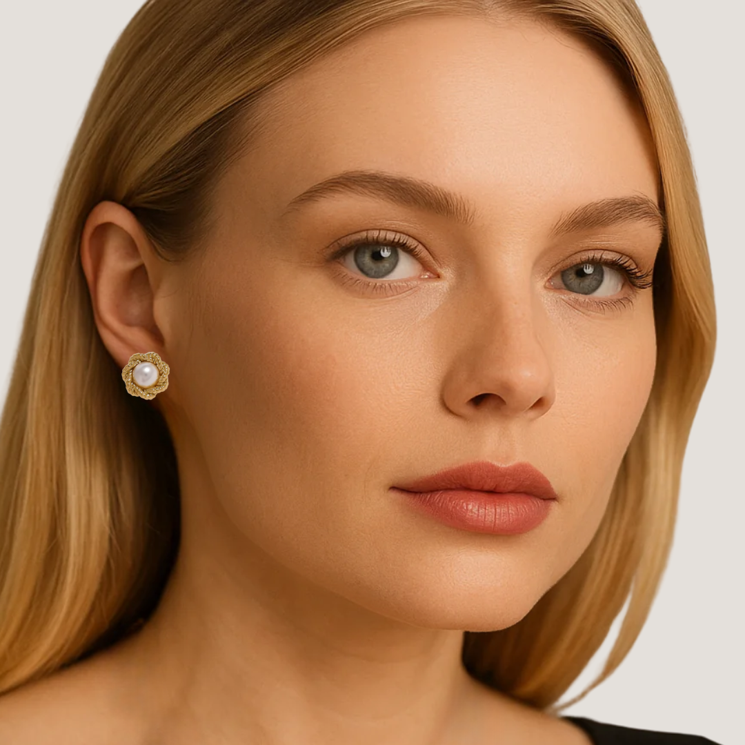 Model wearing Pearl Bloom earrings featuring gold floral design and central pearl